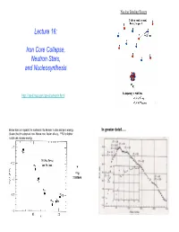 Lecture 16: Iron Core Collapse, Neutron Stars, and Nucleosynthesis