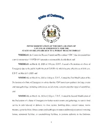 Fifth Modification of the Declaration of a State of Emergency for the State of Delaware Due to a Public Health Threat