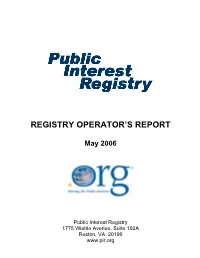 Registry Operator's Report