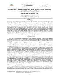 Credit Rating Companies with Multi-Criteria Decision Making Models and Artificial Neural Network Model