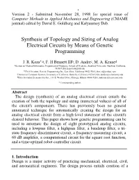 Synthesis of Topology and Sizing of Analog Electrical Circuits by Means of Genetic Programming