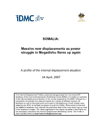 Massive New Displacements As Power Struggle in Mogadishu Flares up Again