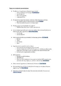 Topics for Students' Presentations Problems in Long Distance (Human) Space Travel New Propulsion Tech