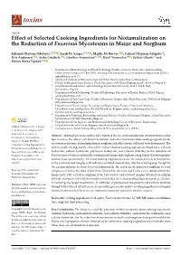 Effect of Selected Cooking Ingredients for Nixtamalization on the Reduction of Fusarium Mycotoxins in Maize and Sorghum