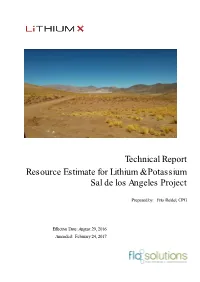 Technical Report Resource Estimate for Lithium & Potassium Sal De Los