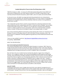 Canadian Mining Hall of Fame to Induct Five Mining Greats in 2019