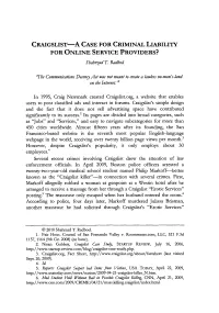 CRAIGSLIST-A CASE for CRIMINAL LIABILITY for ONLINE SERVICE PROVIDERS? Shahrmad T