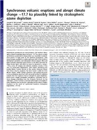 Synchronous Volcanic Eruptions and Abrupt Climate Change ∼17.7 Ka Plausibly Linked by Stratospheric Ozone Depletion