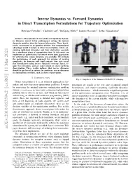 Inverse Dynamics Vs. Forward Dynamics in Direct Transcription Formulations for Trajectory Optimization