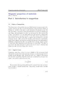 Magnetic Properties of Materials Part 1. Introduction to Magnetism