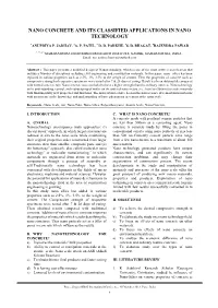 Nano Concrete and Its Classified Applications in Nano Technology