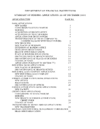 Summary of Pending Applications As of Dec 2001