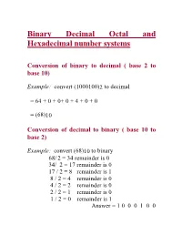 Binary Decimal Octal and Hexadecimal Number Systems