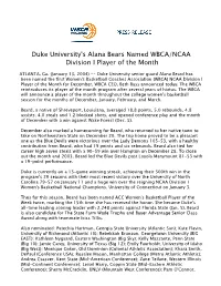 Duke University's Alana Bears Named WBCA/NCAA Division I Player of the Month