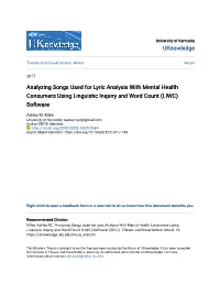 Analyzing Songs Used for Lyric Analysis with Mental Health Consumers Using Linguistic Inquiry and Word Count (LIWC) Software