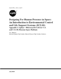ECLSS) Appendix I, Update—Historical ECLSS for U.S
