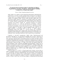 Transformational and Paternalistic Leaderships in Chinese Organizations: Construct, Predictive, and Ecological Validities Compared in a Hong Kong Sample