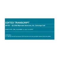 TRANSCRIPT MYOV – Q2 2020 Myovant Sciences, Inc