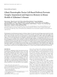 Ciliary Neurotrophic Factor Cell-Based Delivery Prevents Synaptic Impairment and Improves Memory in Mouse Models of Alzheimer’S Disease