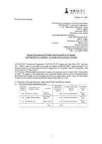 Notice Concerning Transfer and Acquisition of Assets, and Related Cancellation of Lease and Leasing of Assets