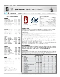 Stanford Men's Basketball Stanford Team Game-By-Game (As of Jan 20, 2020) All Games