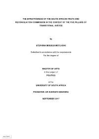 The Effectiveness of the South African Truth and Reconciliation Commission in the Context of the Five Pillars of Transitional Justice