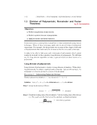 1.3 Division of Polynomials; Remainder and Factor Theorems