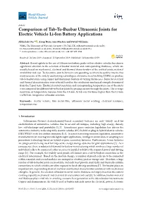 Comparison of Tab-To-Busbar Ultrasonic Joints for Electric Vehicle Li-Ion Battery Applications
