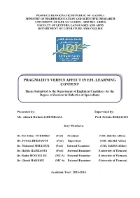 Pragmatics Versus Affect in Efl Learning Context