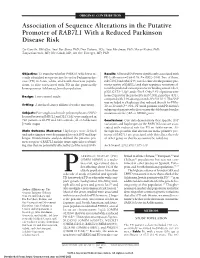 Association of Sequence Alterations in the Putative Promoter of RAB7L1 with a Reduced Parkinson Disease Risk