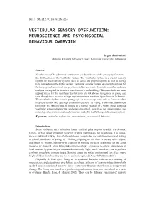 Vestibular Sensory Dysfunction: Neuroscience and Psychosocial Behaviour Overview