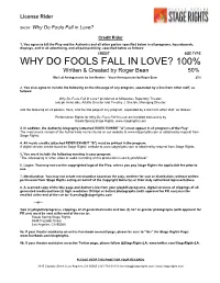 WHY DO FOOLS FALL in LOVE? 100% Written & Created by Roger Bean 50%