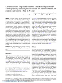 Conservation Implications for the Himalayan Wolf Canis (Lupus) Himalayensis Based on Observations of Packs and Home Sites in Nepal