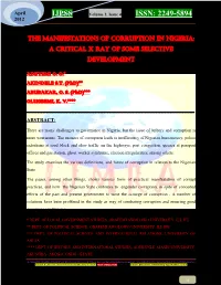 The Manifestations of Corruption in Nigeria: a Critical X Ray of Some Selective Development