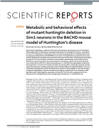 Metabolic and Behavioral Effects of Mutant Huntingtin Deletion in Sim1