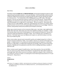 Letters to the Editor Dear Editor, the Feature Article by Sheila List And