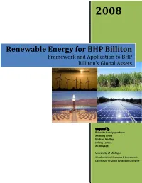 Renewable Energy for BHP Billiton Framework and Application to BHP Billiton’S Global Assets