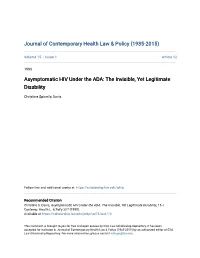 Asymptomatic HIV Under the ADA: the Invisible, Yet Legitimate Disability
