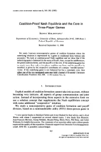 Coalition-Proof Nash Equilibria and the Core in Three-Player Games