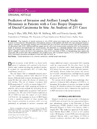 Predictors of Invasion and Axillary Lymph Node Metastasis in Patients with a Core Biopsy Diagnosis of Ductal Carcinoma in Situ: an Analysis of 255 Cases
