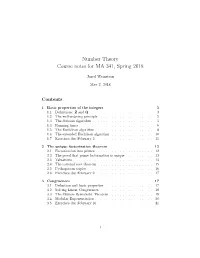 Number Theory Course Notes for MA 341, Spring 2018