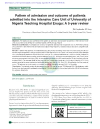Pattern of Admission and Outcome of Patients Admitted Into the Intensive Care Unit of University of Nigeria Teaching Hospital Enugu: a 5‑Year Review