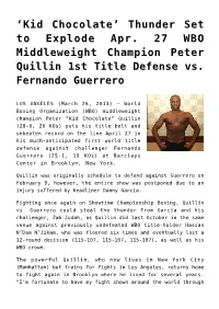 Thunder Set to Explode Apr. 27 WBO Middleweight Champion Peter Quillin 1St Title Defense Vs