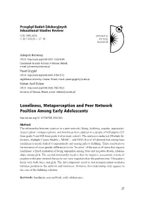 Loneliness, Metaperception and Peer Network Position Among Early Adolescents