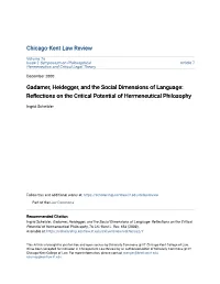 Gadamer, Heidegger, and the Social Dimensions of Language: Reflections on the Critical Otentialp of Hermeneutical Philosophy