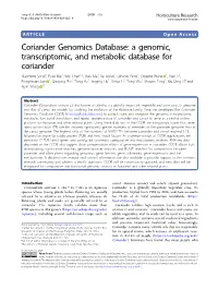 A Genomic, Transcriptomic, and Metabolic Database for Coriander