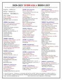 2020-2021 NEBRASKA BIRD LIST See Science Olympiad General Rules, Eye Protection & Other Policies on As They Apply to Every Event