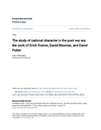 The Work of Erich Fromm, David Riesman, and David Potter