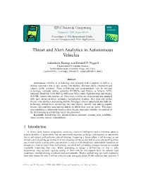 Threat and Alert Analytics in Autonomous Vehicles