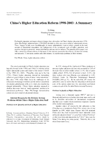 China's Higher Education Reform 1998-2003: a Summary